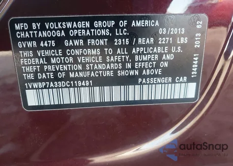 2013 Volkswagen Passat 2.5L Se из США, поврежденный, VIN 1VWBP7A33DC119491
